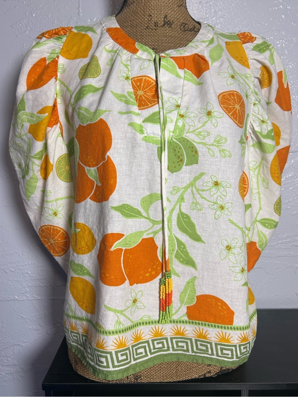 Rachel Zoe Orange & Green Citrus Tie-Neck Blouse…